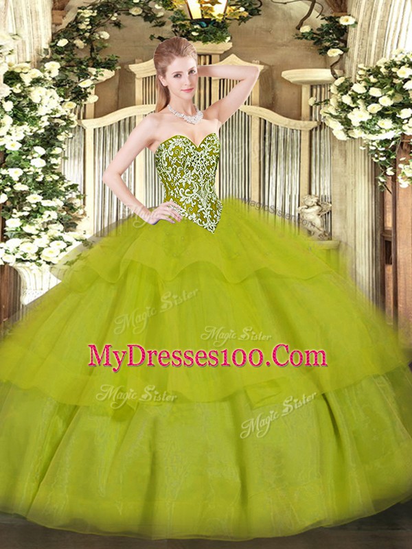 Suitable Olive Green Sleeveless Floor Length Beading and Ruffled Layers Lace Up Quinceanera Dress