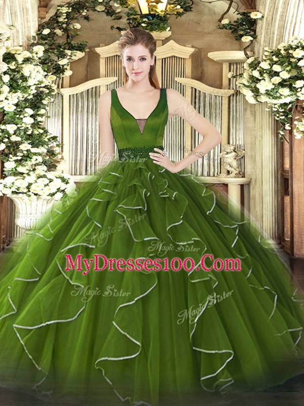 Colorful Olive Green Sleeveless Beading and Ruffles Floor Length Quinceanera Gowns