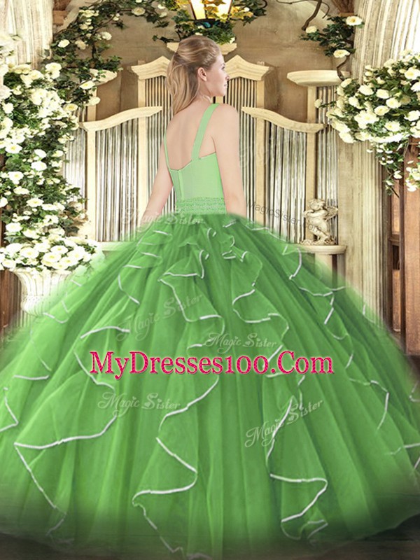 Colorful Olive Green Sleeveless Beading and Ruffles Floor Length Quinceanera Gowns