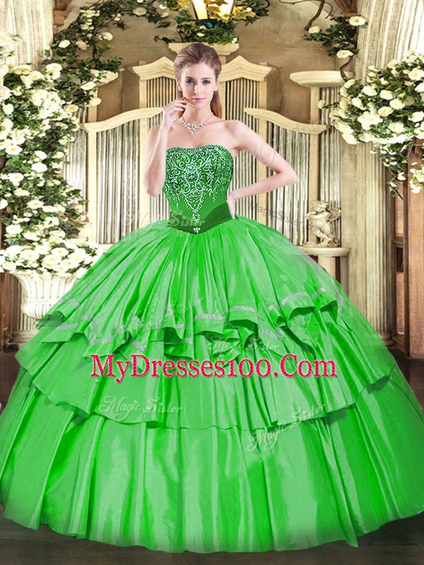 Customized Green Lace Up Strapless Beading and Ruffled Layers Sweet 16 Quinceanera Dress Organza and Taffeta Sleeveless