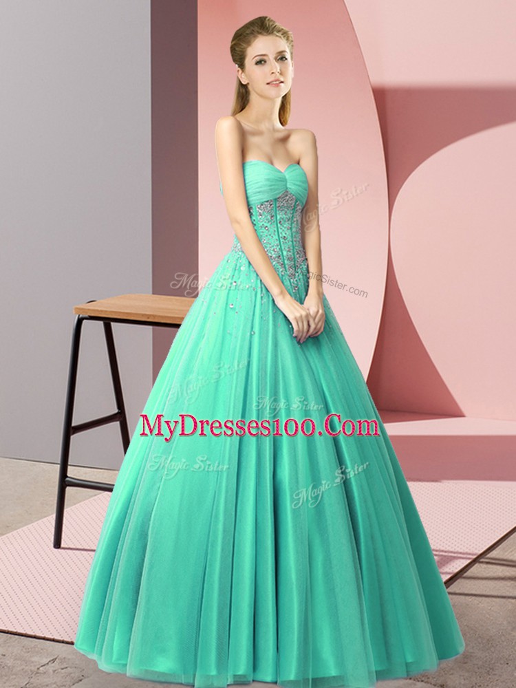 Turquoise A-line Tulle Sweetheart Sleeveless Beading Floor Length Lace Up Prom Evening Gown