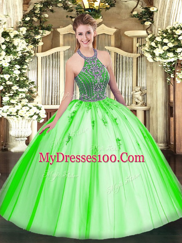 Graceful Tulle Lace Up Halter Top Sleeveless Floor Length 15 Quinceanera Dress Beading