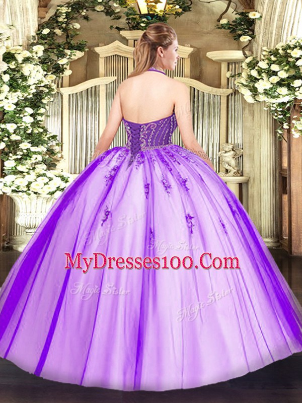 Graceful Tulle Lace Up Halter Top Sleeveless Floor Length 15 Quinceanera Dress Beading