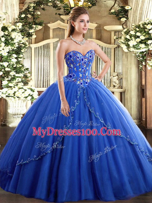 Tulle Sleeveless Sweet 16 Dresses Brush Train and Appliques and Embroidery