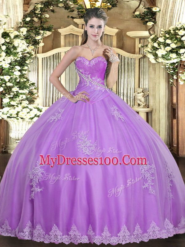 Beautiful Lilac Sweetheart Lace Up Beading and Appliques Quinceanera Gown Sleeveless