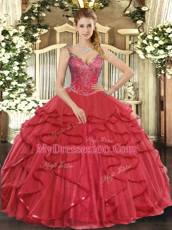 Spectacular Ball Gowns Quince Ball Gowns Wine Red V-neck Tulle Sleeveless Floor Length Lace Up