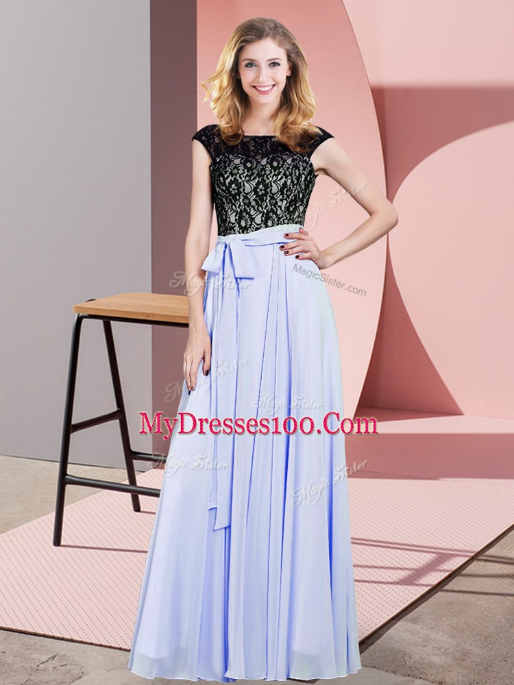 Decent Chiffon Scoop Sleeveless Lace Up Lace and Belt Prom Party Dress in Lavender