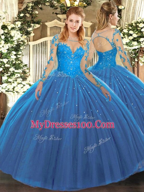 Teal Long Sleeves Floor Length Lace Lace Up Quinceanera Dresses