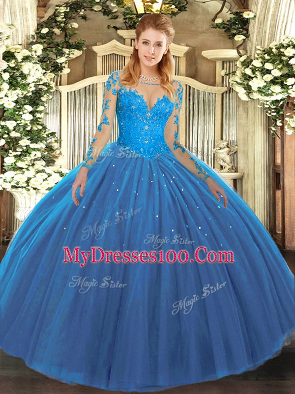 Teal Long Sleeves Floor Length Lace Lace Up Quinceanera Dresses
