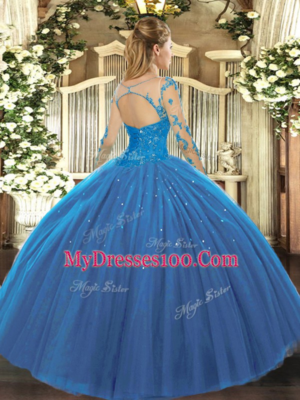 Teal Long Sleeves Floor Length Lace Lace Up Quinceanera Dresses