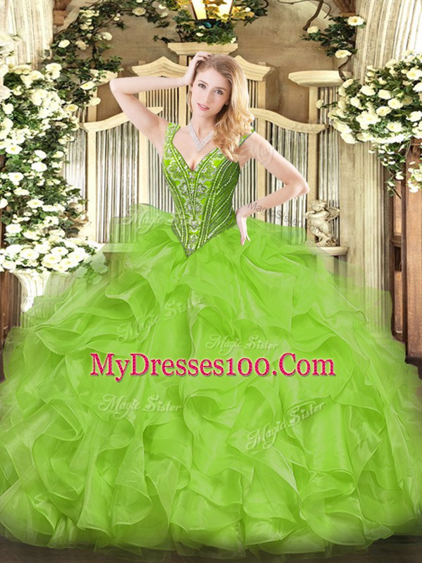 V-neck Sleeveless Vestidos de Quinceanera Floor Length Beading and Ruffles Organza