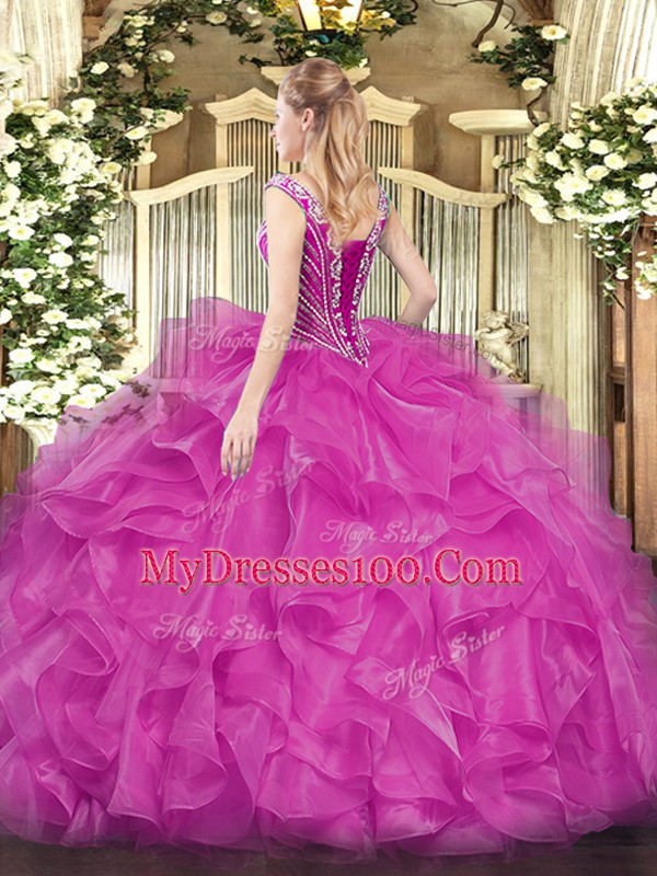 V-neck Sleeveless Vestidos de Quinceanera Floor Length Beading and Ruffles Organza