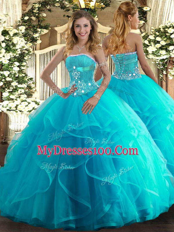 Shining Tulle Sleeveless Floor Length Sweet 16 Dresses and Beading and Ruffles