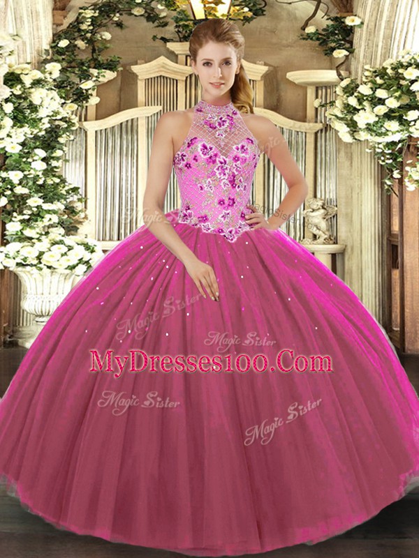 Sophisticated Fuchsia Vestidos de Quinceanera Military Ball and Sweet 16 and Quinceanera with Embroidery Halter Top Sleeveless Lace Up