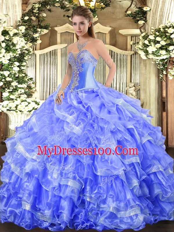 Chic Floor Length Blue Quinceanera Gown Sweetheart Sleeveless Lace Up