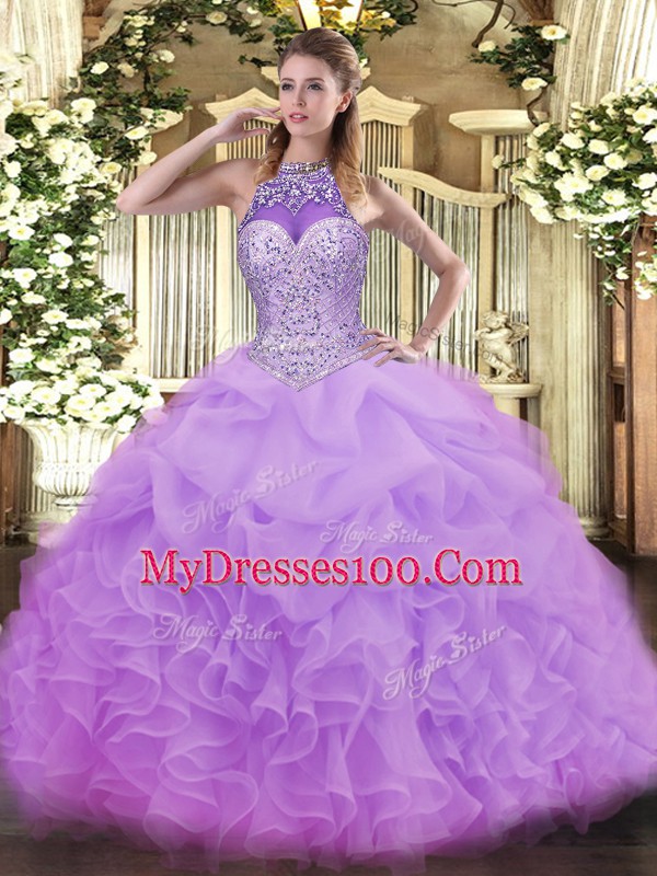 Lavender Lace Up Halter Top Beading and Ruffles and Pick Ups Vestidos de Quinceanera Organza Sleeveless