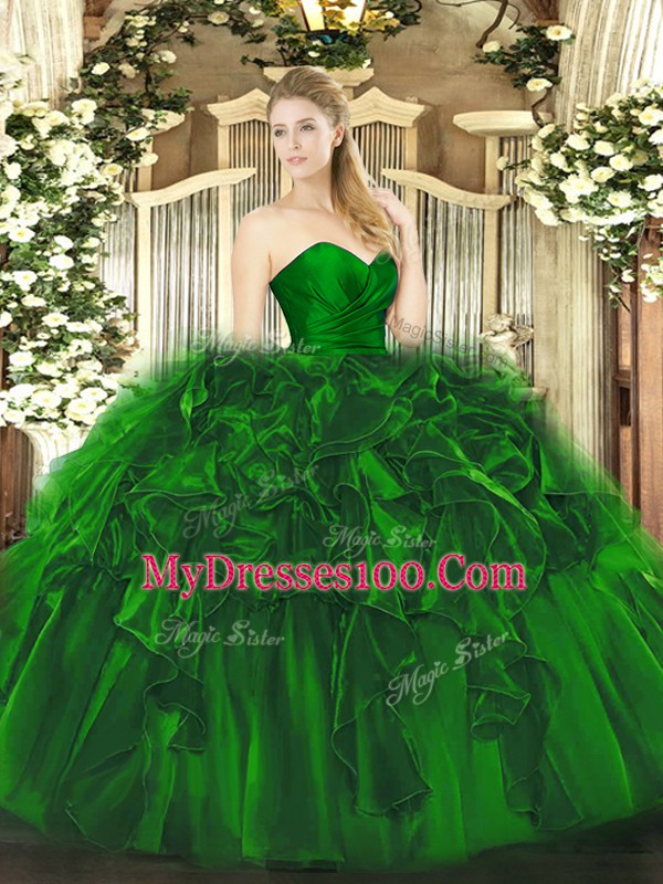 Fabulous Dark Green Sleeveless Floor Length Ruffles Lace Up Vestidos de Quinceanera