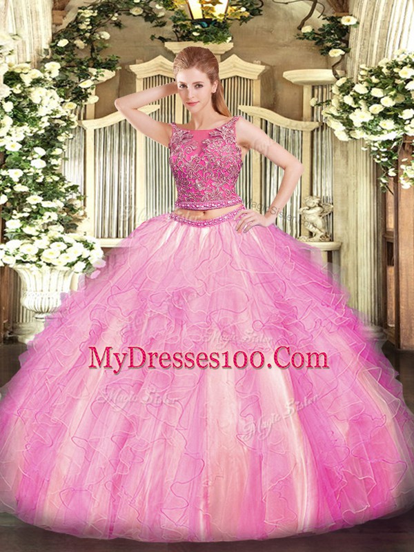 Rose Pink Two Pieces Scoop Sleeveless Tulle Floor Length Lace Up Beading and Ruffles Quinceanera Gowns