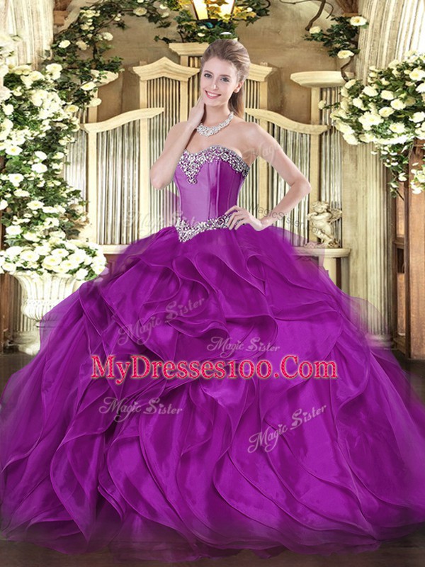 Purple Sweetheart Neckline Beading and Ruffles Quinceanera Dresses Sleeveless Lace Up