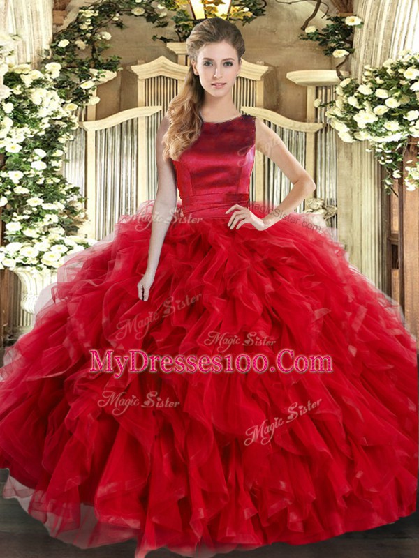 Superior Ball Gowns Quinceanera Gown Red Scoop Tulle Sleeveless Floor Length Lace Up