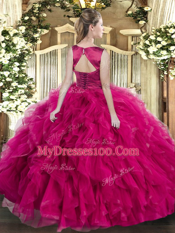 Superior Ball Gowns Quinceanera Gown Red Scoop Tulle Sleeveless Floor Length Lace Up