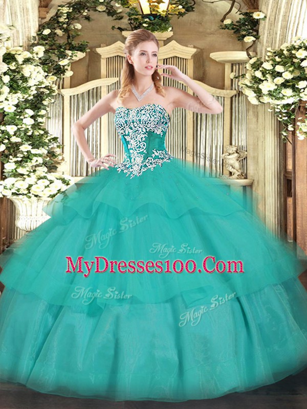 Turquoise Strapless Lace Up Beading and Ruffled Layers Quinceanera Gowns Sleeveless
