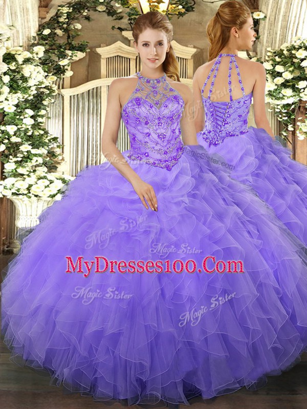 Superior Lavender Lace Up Quinceanera Gowns Beading and Ruffles Sleeveless Floor Length