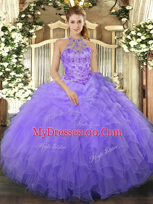 Superior Lavender Lace Up Quinceanera Gowns Beading and Ruffles Sleeveless Floor Length