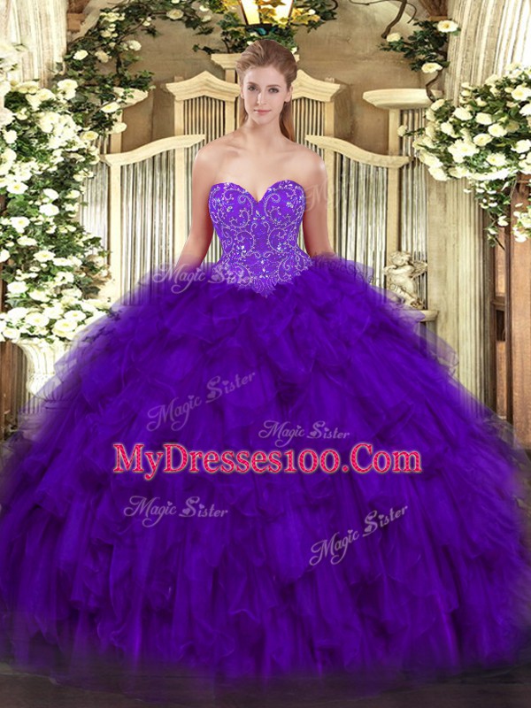 Sexy Purple Lace Up Sweetheart Beading and Ruffles Quinceanera Gowns Organza Sleeveless