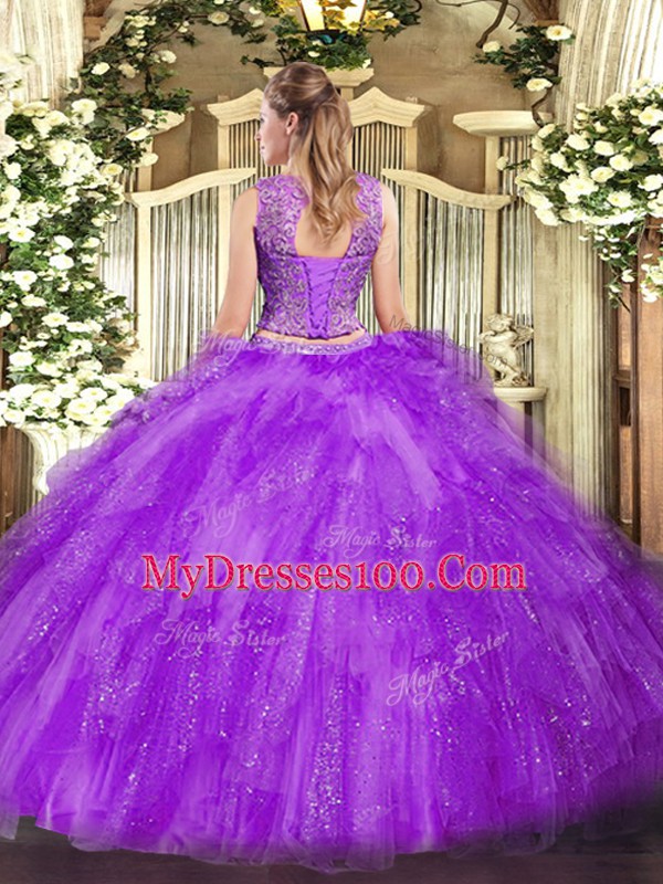 Gorgeous Two Pieces Quinceanera Dress Fuchsia Scoop Tulle Sleeveless Floor Length Lace Up