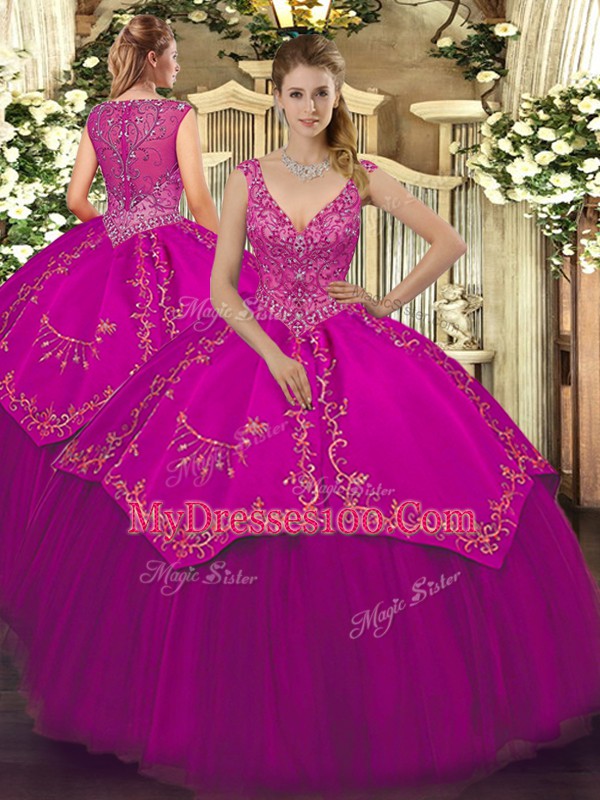 Fuchsia Ball Gowns Taffeta and Tulle V-neck Sleeveless Beading and Embroidery Floor Length Zipper Quinceanera Dresses
