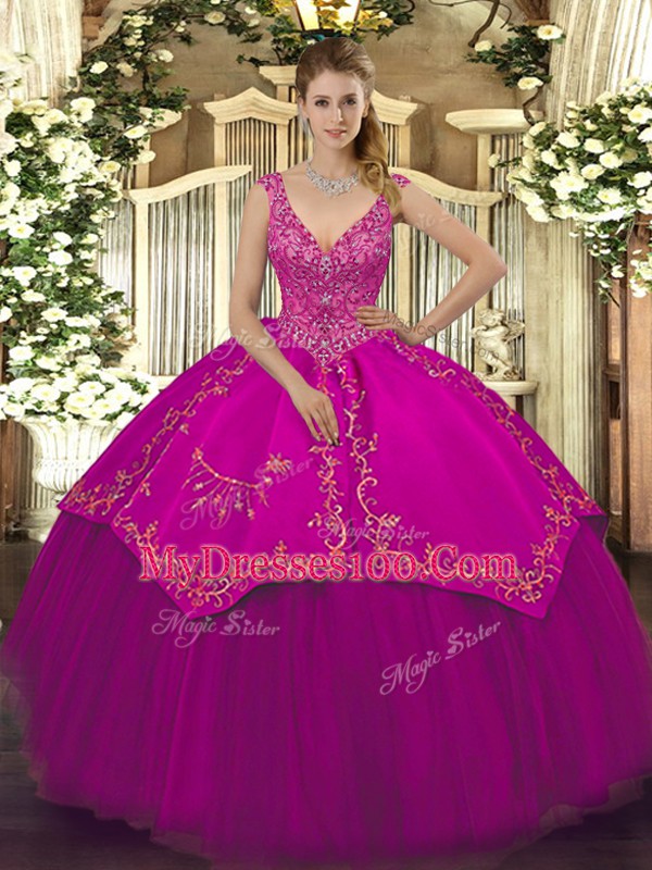 Fuchsia Ball Gowns Taffeta and Tulle V-neck Sleeveless Beading and Embroidery Floor Length Zipper Quinceanera Dresses