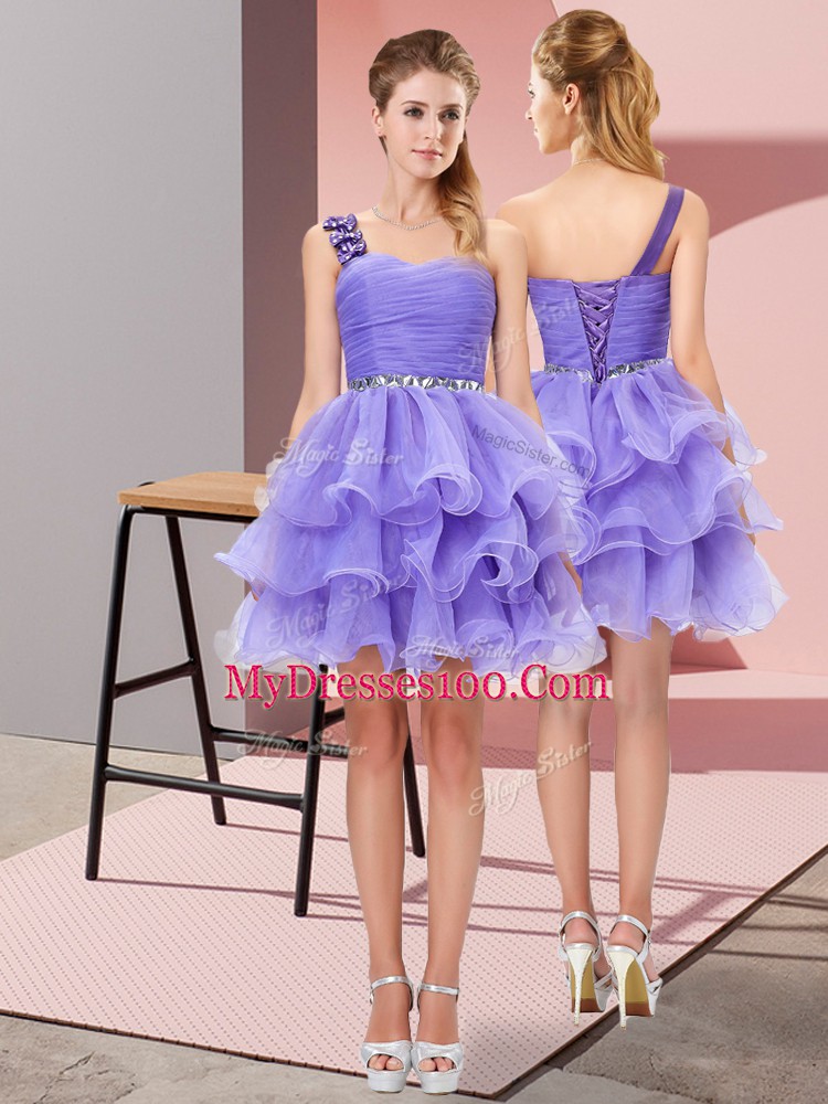 Mini Length Lavender Prom Dresses Organza Sleeveless Beading and Ruffled Layers