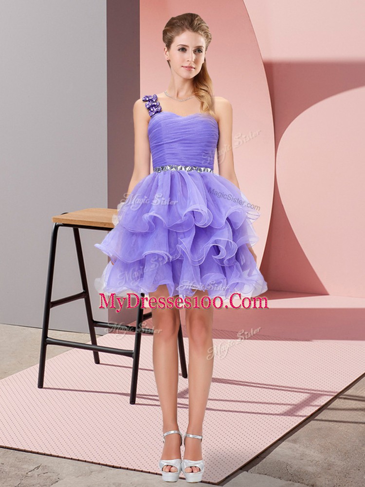 Mini Length Lavender Prom Dresses Organza Sleeveless Beading and Ruffled Layers