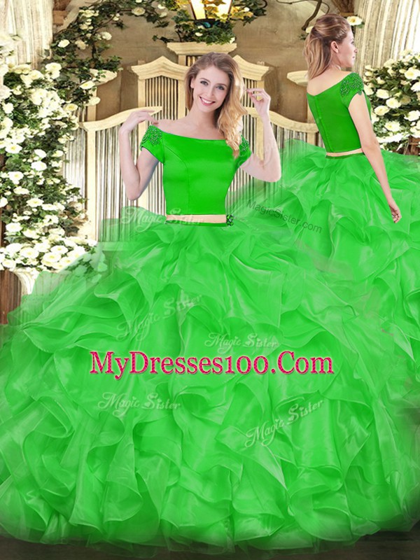 Amazing Short Sleeves Floor Length Appliques and Ruffles Zipper Quince Ball Gowns with Green