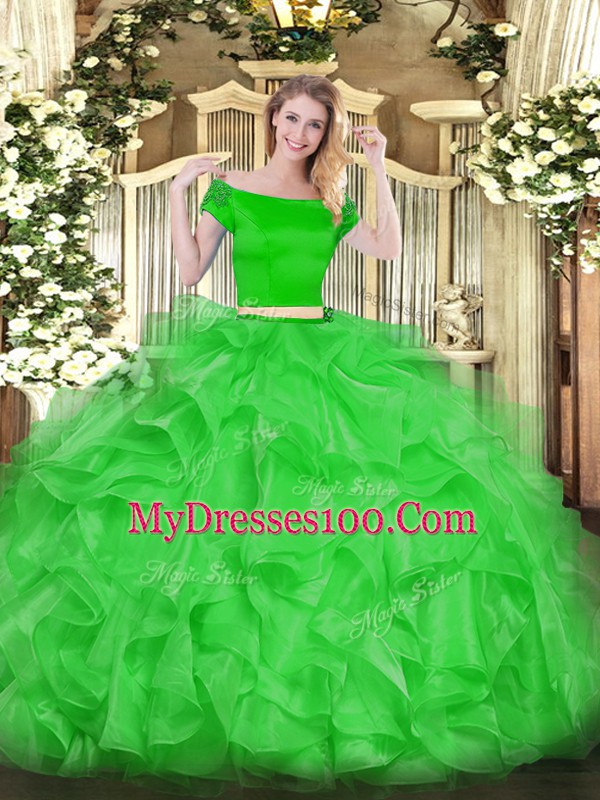 Amazing Short Sleeves Floor Length Appliques and Ruffles Zipper Quince Ball Gowns with Green