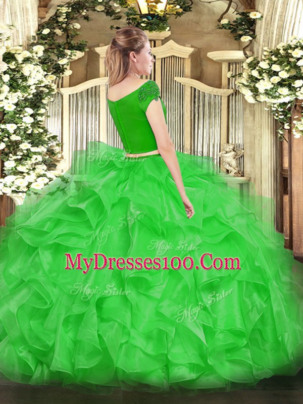 Amazing Short Sleeves Floor Length Appliques and Ruffles Zipper Quince Ball Gowns with Green