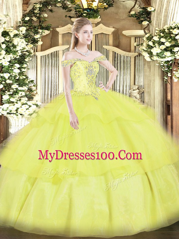 Yellow Ball Gowns Off The Shoulder Sleeveless Organza Floor Length Lace Up Beading and Ruffled Layers 15 Quinceanera Dress
