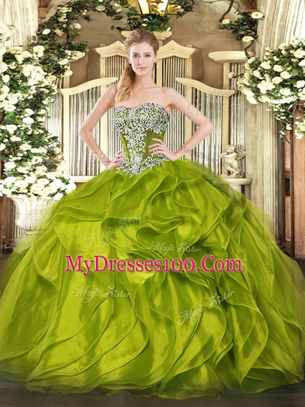Edgy Olive Green Strapless Neckline Beading and Ruffled Layers Quinceanera Gown Sleeveless Lace Up