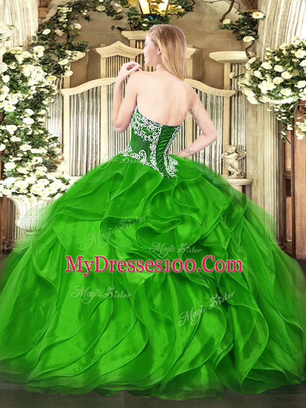 Edgy Olive Green Strapless Neckline Beading and Ruffled Layers Quinceanera Gown Sleeveless Lace Up
