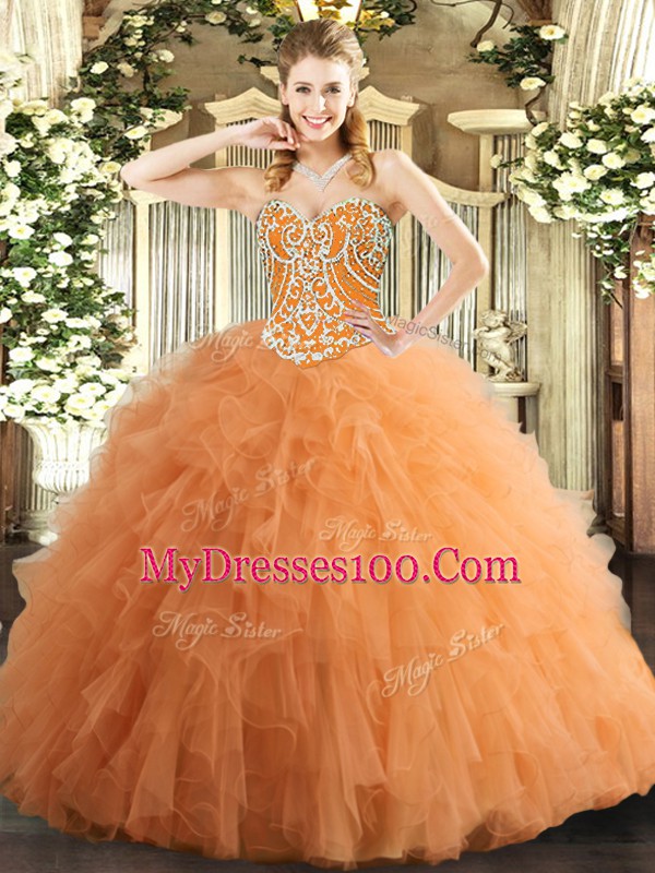 On Sale Sleeveless Floor Length Beading and Ruffles Lace Up Sweet 16 Quinceanera Dress with Orange