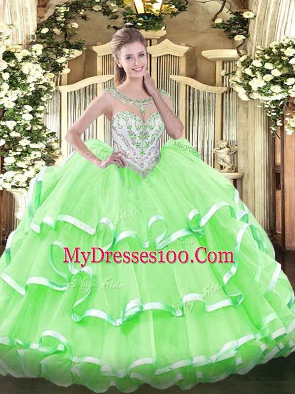 Noble Floor Length Zipper 15 Quinceanera Dress for Military Ball and Sweet 16 and Quinceanera with Beading and Ruffled Layers
