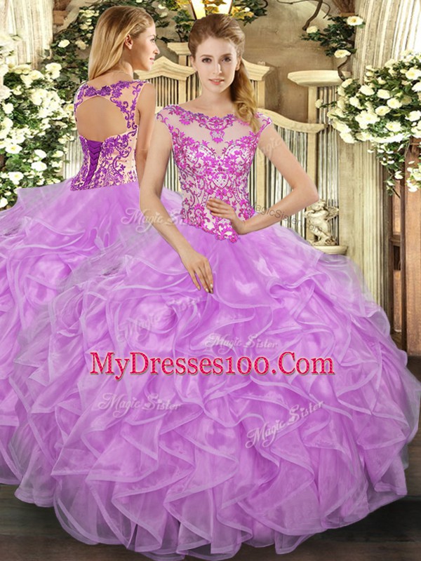 Wonderful Organza Scoop Cap Sleeves Lace Up Beading and Appliques and Ruffles Sweet 16 Dress in Lilac