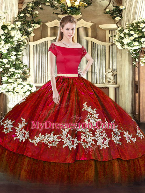 Wine Red Sweet 16 Dresses Military Ball and Sweet 16 and Quinceanera with Embroidery Off The Shoulder Short Sleeves Zipper