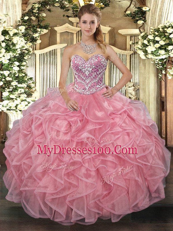 Customized Sleeveless Tulle Floor Length Lace Up 15 Quinceanera Dress in Pink with Beading