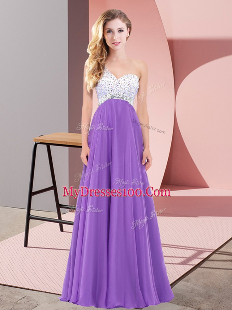 Sleeveless Chiffon Floor Length Lace Up in Eggplant Purple with Beading