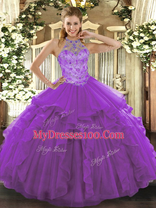 Beading and Embroidery 15 Quinceanera Dress Purple Lace Up Sleeveless Floor Length