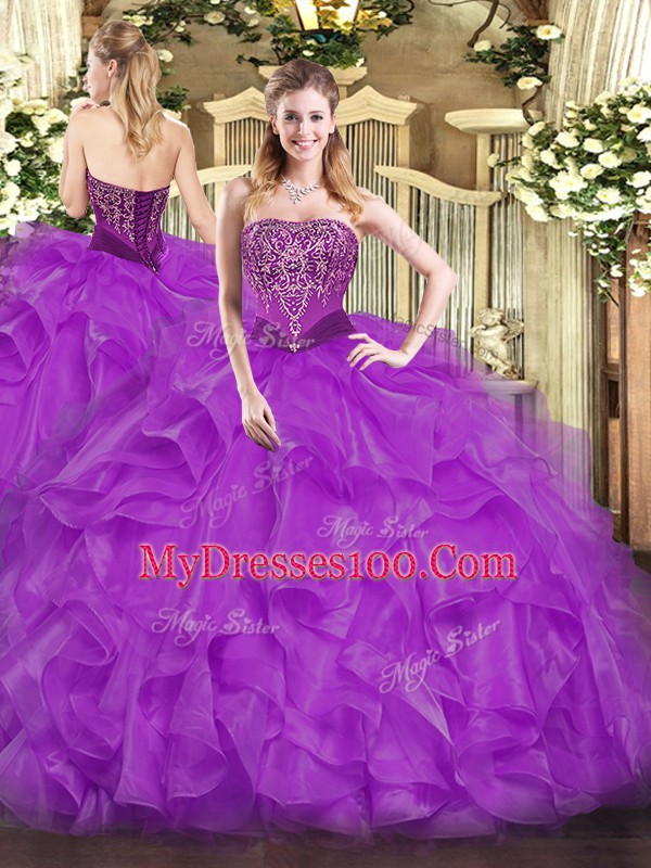 Comfortable Purple Lace Up Strapless Beading and Ruffles Quinceanera Gown Organza Sleeveless