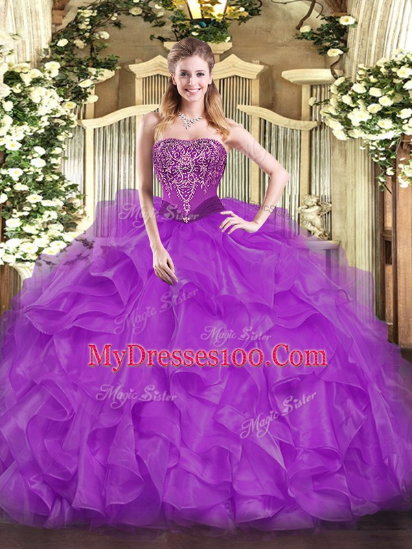 Comfortable Purple Lace Up Strapless Beading and Ruffles Quinceanera Gown Organza Sleeveless