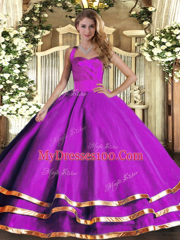 Sleeveless Tulle Floor Length Lace Up Quince Ball Gowns in Purple with Ruffled Layers